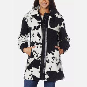 NVLT Women's Heavyweight Cow Print Faux Fur Leather Full Zip Jacket Coat - L